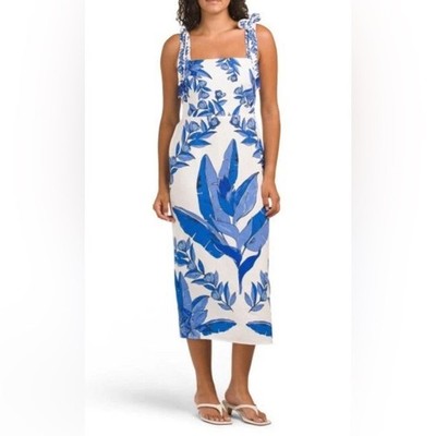 Calypso St. Barth White Linen Blend Tropical Floral Midi Sheath Dress Size L NWT
