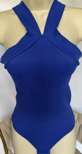 Blue One Piece Women's Bodysuit with Strap Accents and Stretch Solid Design