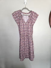 LOFT Women Dress Small S Paisley Ruffle Neck Button Keyhole Boho Pink Multicolor