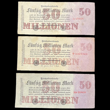 3x 1923 Germany 50 Million Mark Banknote Post Military WW1 Relic Antique Gift