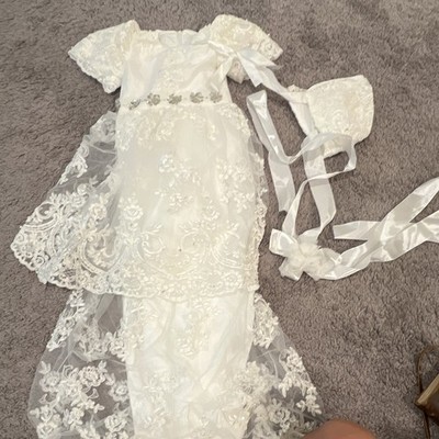 White Lace Satin Baby Christening Gown Set w/ Bonnet, Ribbon Belt, Victorian