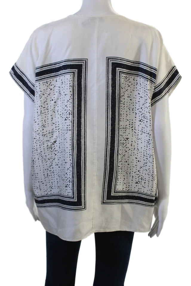 Blusa túnica Vince feminina preta seda geométrica manga curta tamanho M - Imagem 3 de 4