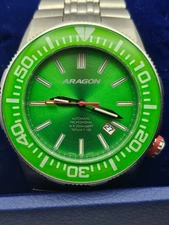 Aragon Hercules A378 Lime Green Automatic Mens Watch W/ Box and Booklet + Links