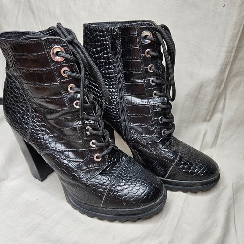 ALDO Platform Combat Boots Womens US 10 Black Croc Embossed Faux Leather Lace Up - Picture 2 of 12