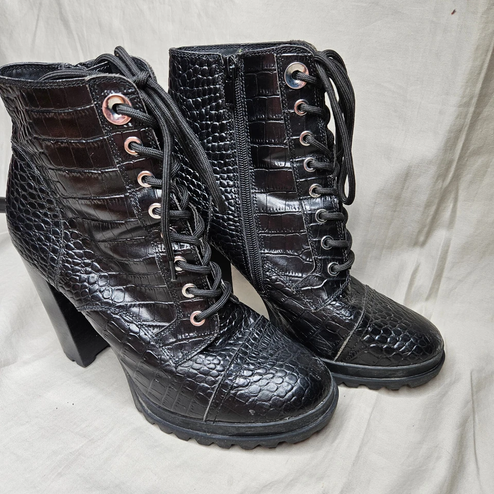 ALDO Platform Combat Boots Womens US 10 Black Croc Embossed Faux Leather Lace Up - Image 2 of 4