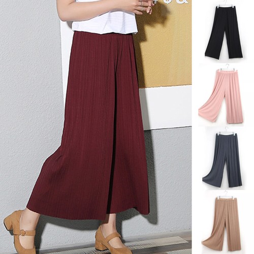 Ladies Wide Leg Trousers Harem Pleated Crinkle Flared Pants Palazzo Plain Baggy - Picture 1 of 17