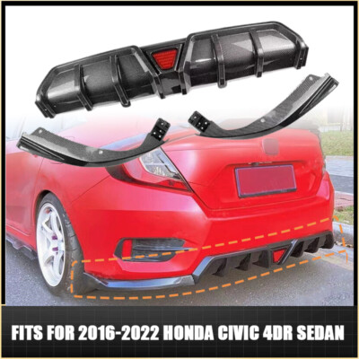 For 2016-2022 Honda Civic 4Dr Sedan Carbon Fiber STYLE Rear Bumper Diffuser+LED