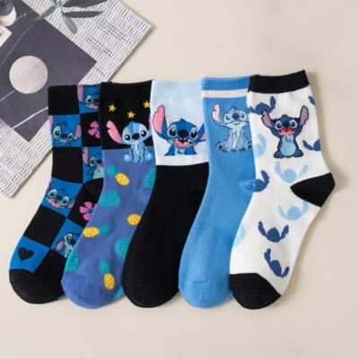 5 Paar Cartoon Stitch Damen Mädchen Socken lässig bequem Baumwolle Crew-Socken