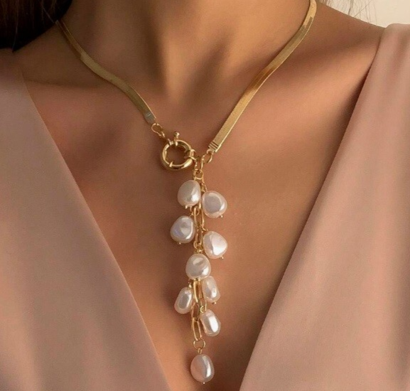 18K Gold plated Zara new drop string cluster of pearls ribbon