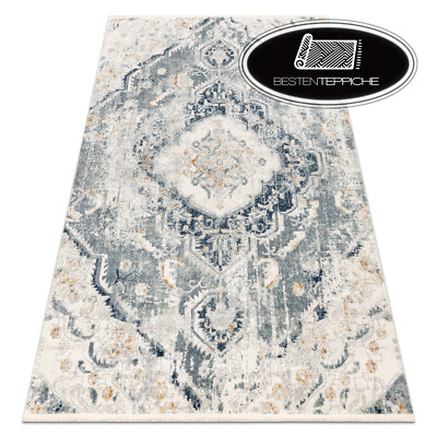 Modern Elegant Teppich DISTIN mit Fransen Ornament blau / hellgrün / weiß