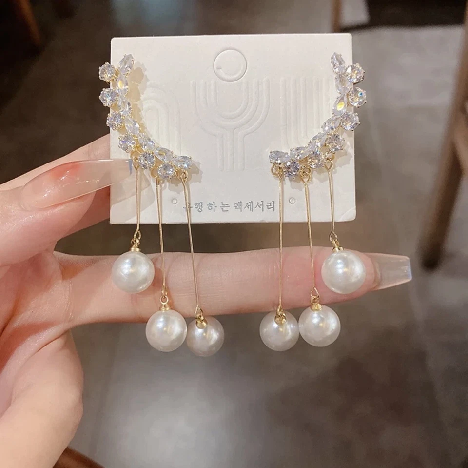 Elegantes Pendientes Largos de Borla de Perla de Imitación para Mujer Pendientes Colgantes de Circón Foto 3 de 4