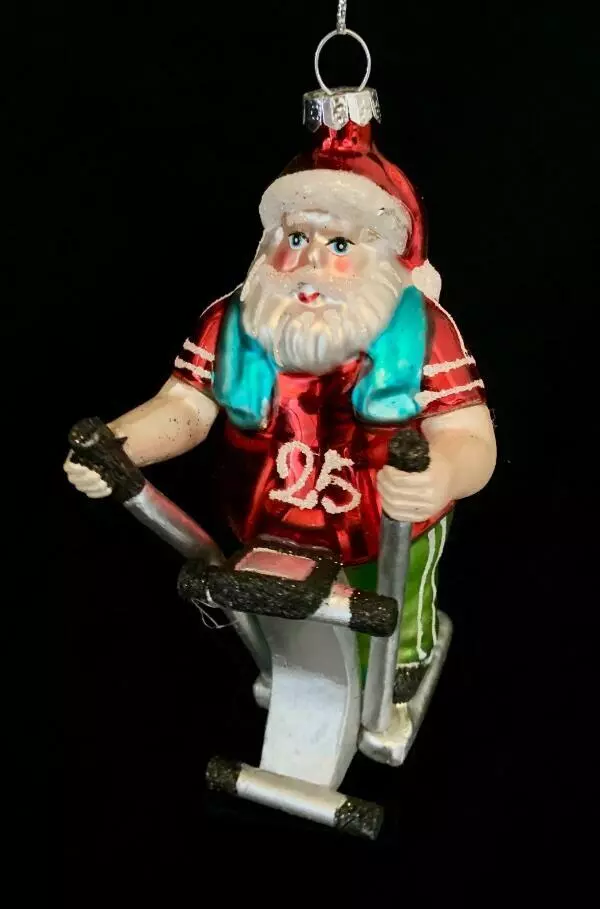 ja21 BLOWN GLASS TREADMILL SANTA WORK OUT EXERCISE CHRISTMAS ORNAMENT NWT
