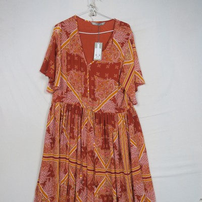 Katies Womens Maxi Dress 16(AU) XL Orange Terracotta V-Neck Boho Pleated RRP$89