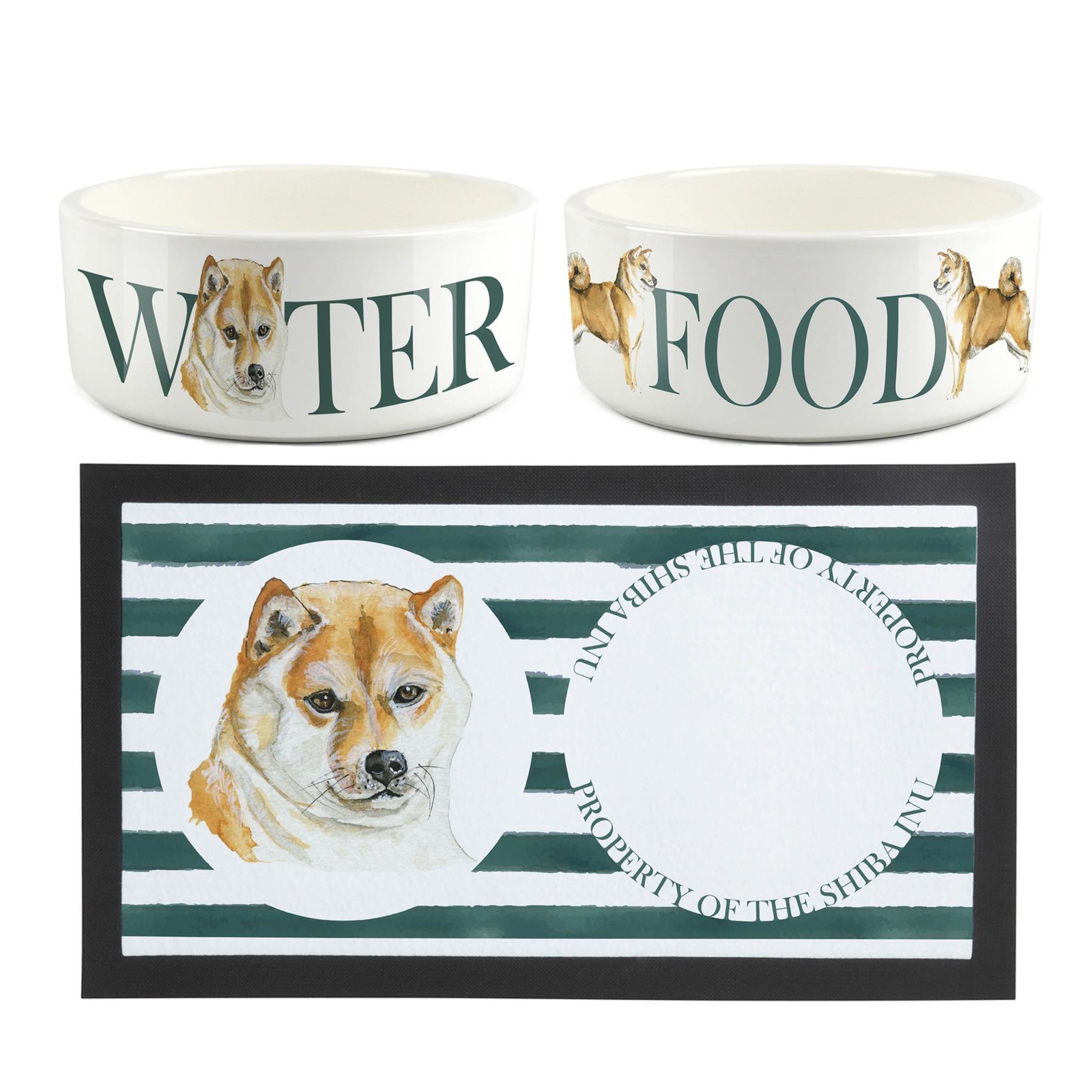 Shiba Inu Dog Bowls & Mat Set - Large White Ceramic Food/Water Dish Gift