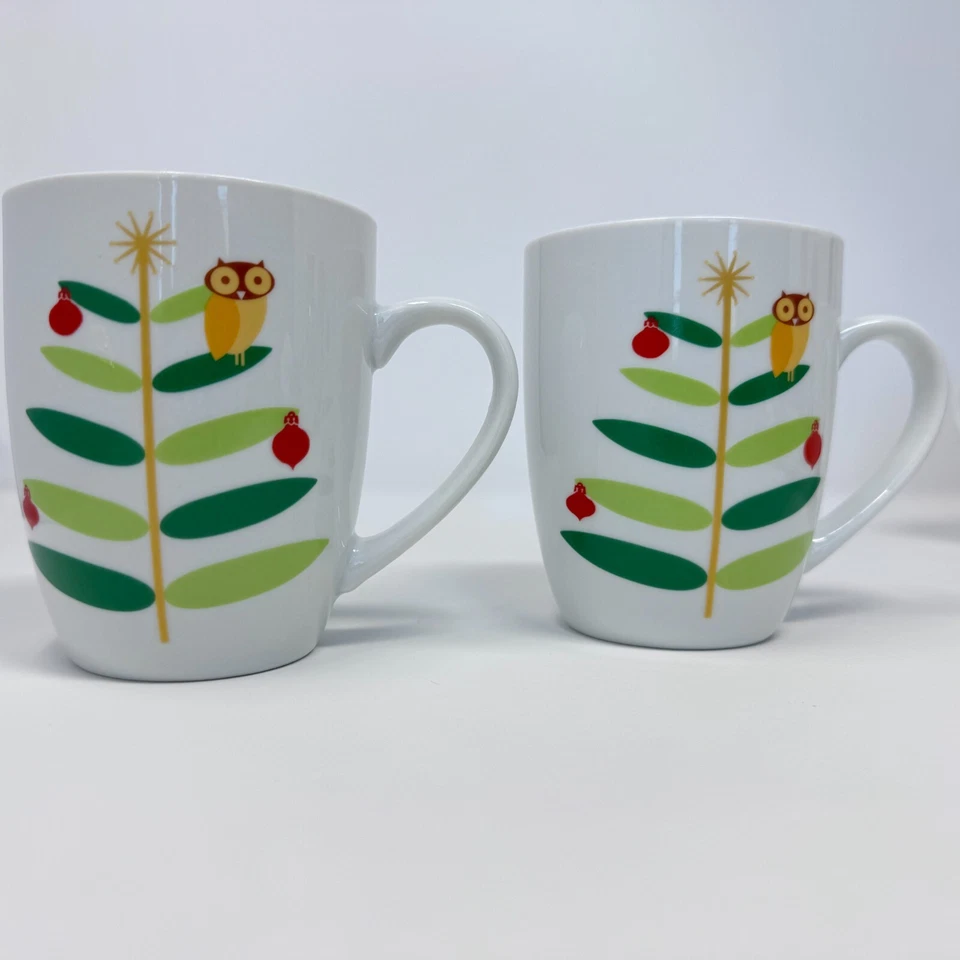 Rachael Ray Holiday Hoot Set of 4 Owl & Tree Print Coffee Mugs Ceramic Kitchen - Image 4 of 4