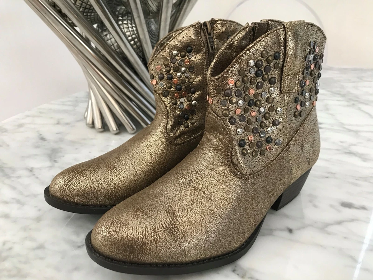NEW Women s FRYE Deborah Studded Gold Short Side Zip Ankle Boot