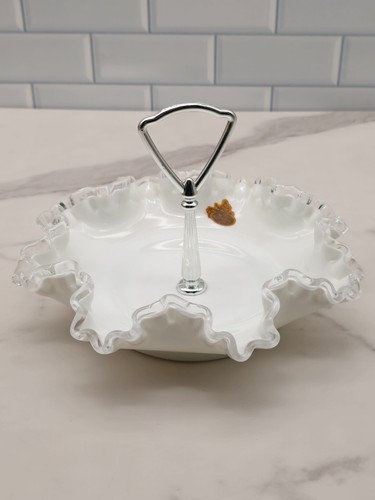 Vintage Fenton Silver Crest Milk Glass Ruffled Bon Bon Bowl With Handle - Picture 17 of 19