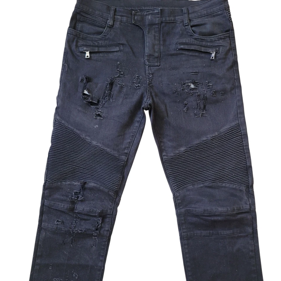 Pantalones de mezclilla ajustados acanalados Balmain Paris negros desgastados para motociclista talla 38 entrepierna 32 Foto 4 de 4