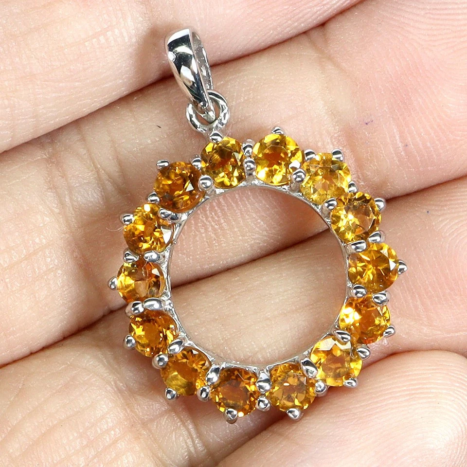 Pendente In Argento Sterling 925 Rotondo Citrino 3.5mm Gemma Naturale Gioielli - Immagine 2 di 4