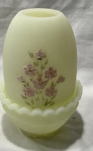 VTG Fenton Uranium Custard Glass Candle Fairy Lamp Hand Painted Flowers Signed