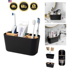 Toothbrush Holder Bathroom Organizer with 5 Slots Bamboo Plastic Countertop