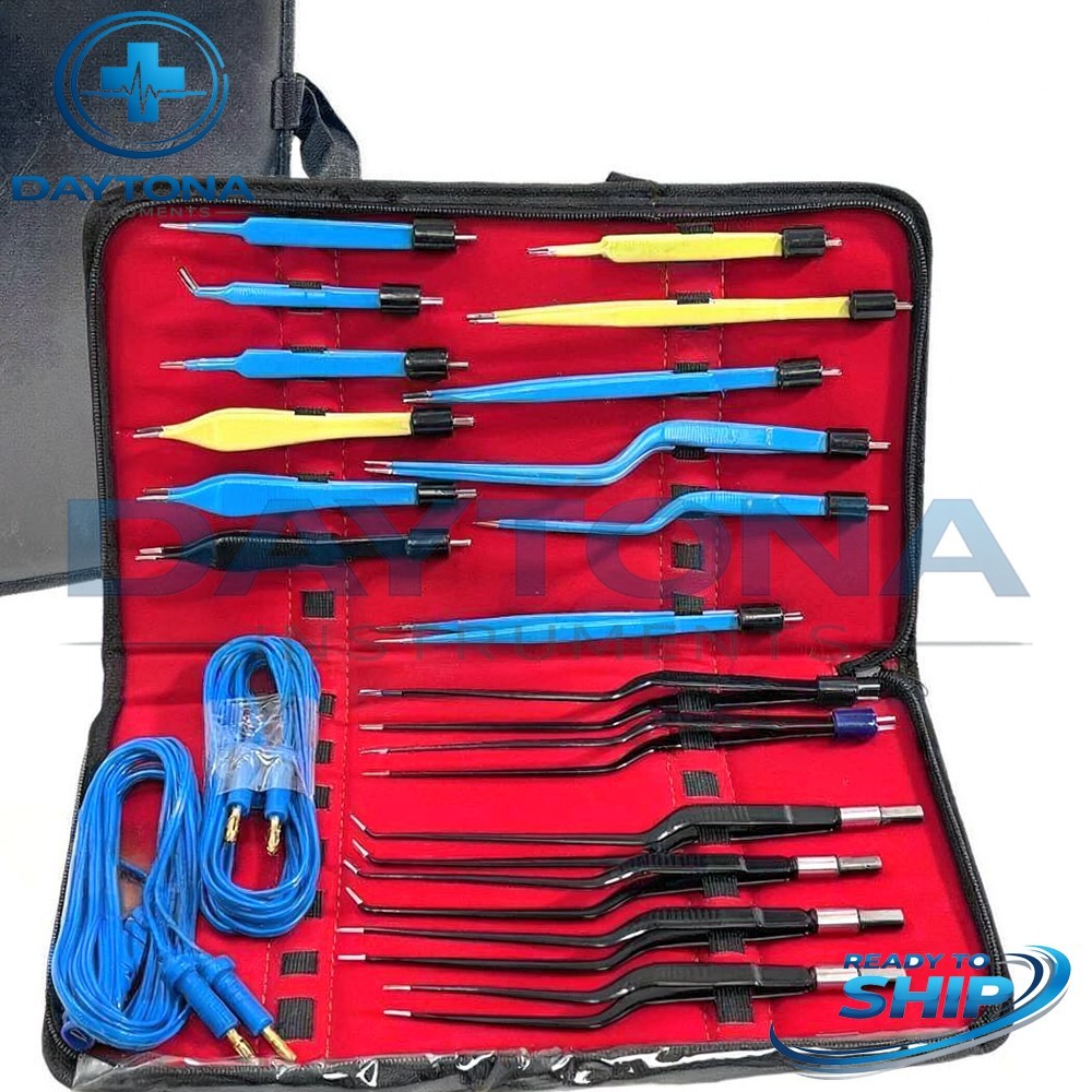 Set of 20 Pieces Bipolar Bayonet Forceps with Cables - Reusable Kit - with Case