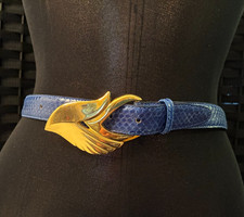Vintage 80s BLUE SNAKESKIN BELT 28-32" Fit Large Gold Metal Buckle Fob Trading
