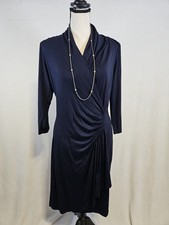 Karen Kane Navy Faux Wrap Pleated Stretch Jersey Midi L.Sleeve Dress Sz Medium
