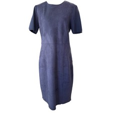 Elie Tahari Navy Blue Suede Look Sheath Dress Short Sleeve Zipper Size 12 Career