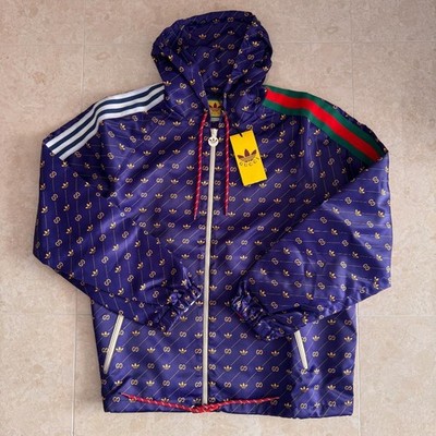 Gucci x Adidas GG Monogram Nylon Jacke Kapuze Größe 46 Lila Authentic Italy