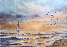 Original Artworks Modern Painting Landscape SKY SEA BIRDS WAVES Arts Seascape A5