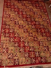 Tribal Geometric Hand-Knotted Wool Rug Red Green Beige Brown Rectangle