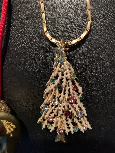 3 Vtg Necklaces: Swarovski Pendant Snowflake, Rhinestone Christmas Tree, Bell - Picture 4 of 10