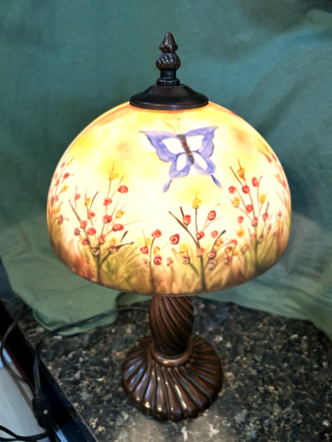 Rückseitig bemalter Glasschirm Tischlampe 14,5" hoch Vintage - Bild 5 von 18