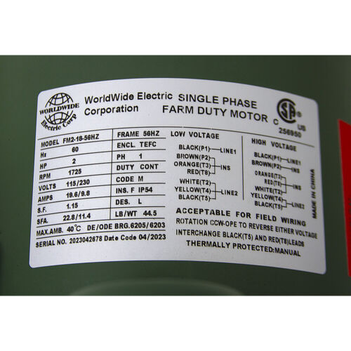 Motor de servicio agrícola 2 HP 115/230 voltios CA 1725 RPM WWE FM2-18-56HZ 10-3412 - Imagen 3 de 3