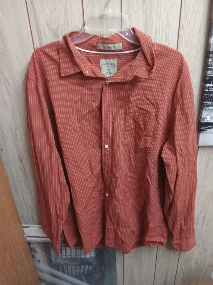 Sonoma Life & Style Long Sleeve Shirt Mens  Xl Orange With White Stripes - Image 3 of 4