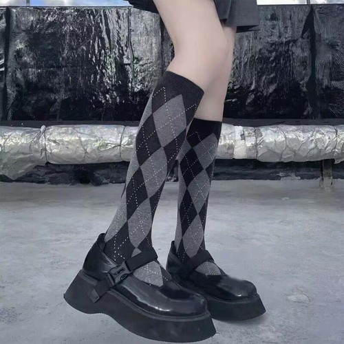Women Knee High Socks College Vintage Multicolor Argyle Plaid Print Stockings - Picture 15 of 28