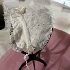 Vintage Baby Bonnet/Hat White Eyelet Ruffle Easter Newborn - 3 mos