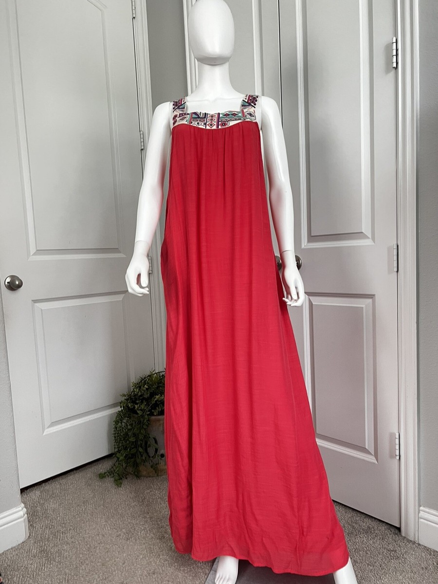 Flying Tomato Womens Pink Embroidered Boho Square Neck Maxi Dress Size  Medium