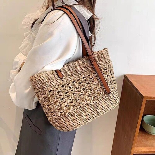 Mujeres Tejido Boho Bolso de Mano Verano Playa Bolso de Paja Redondo Ratán Bolso de Hombro