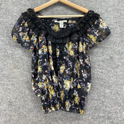 American Rag Sie Blouse Women M Medium Black Floral Elastic Waist Short Sleeve