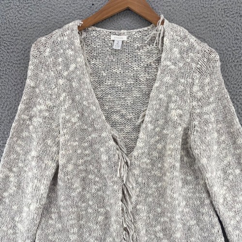 Chicos Sweater Womens 2 US Large Ivory Wool Blend Knit Open Cardigan Tasseled - Picture 2 of 11