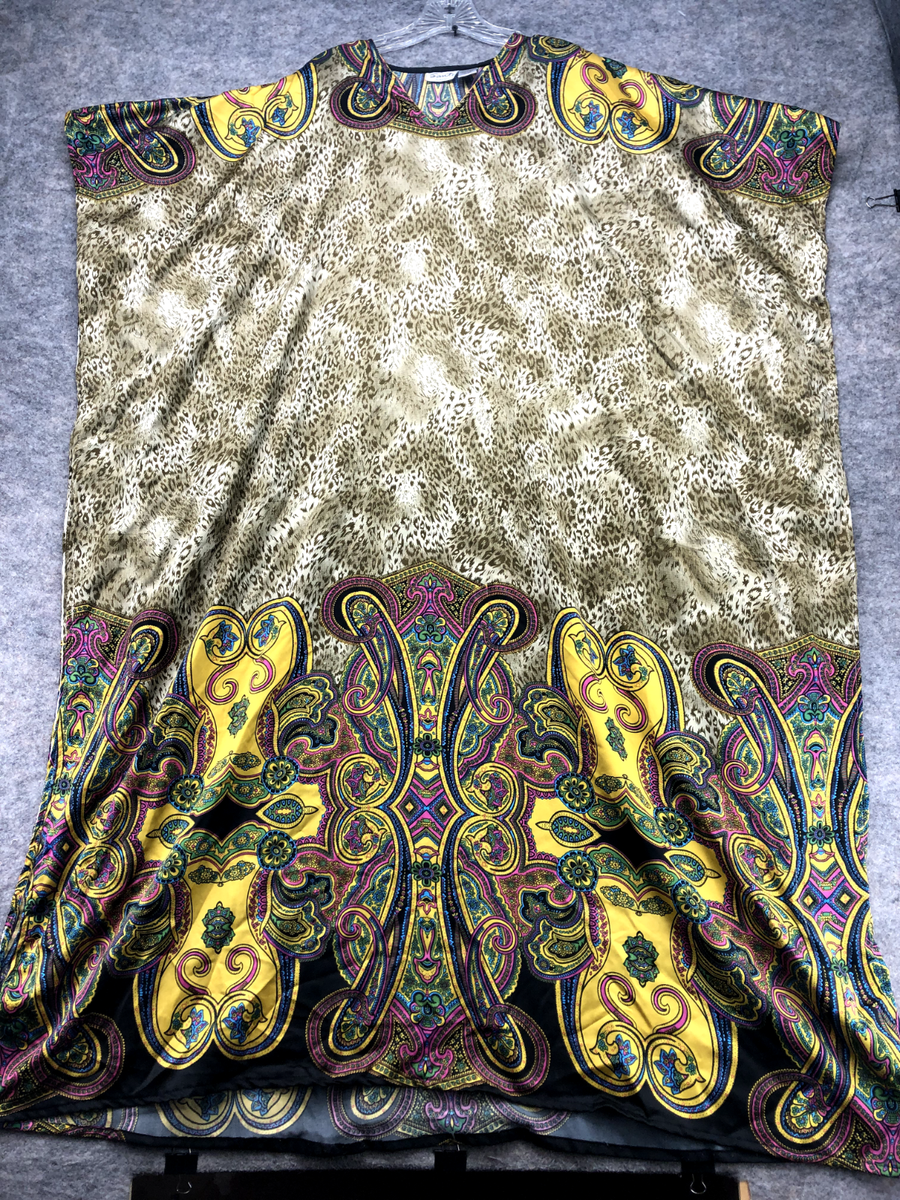 Sante Classics Dress One Size Leopard Colorful Paisley Silky Pullover Maxi 51 In