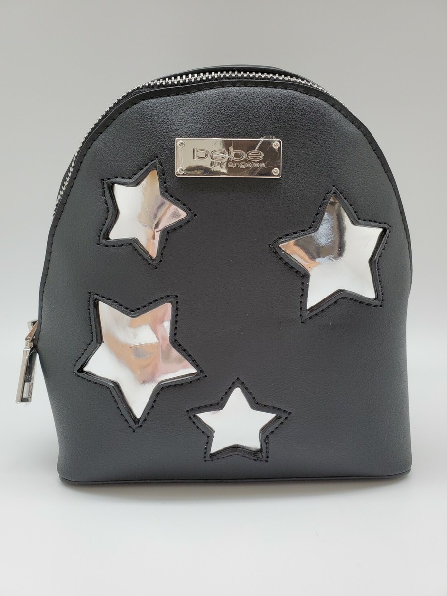 New Authentic BEBE Gigi Mini Backpack Black Silver Stars Purse
