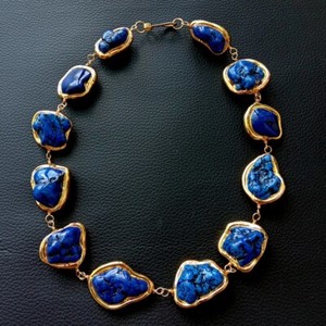 Authentic Blue Color Turquoise Freeform Beads Gold Plated Choker Necklace Chunky Necklaces