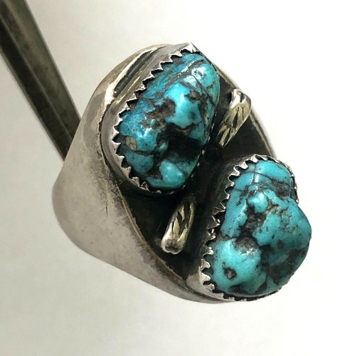 Vintage 2 Natural Turquoise Navajo Mens Tribal Ring Sterling Silver Size 10.25 - Picture 12 of 12