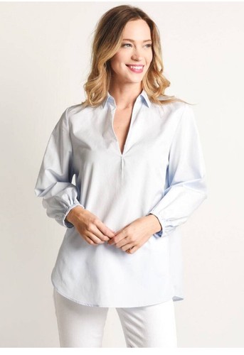 VINCE Swing Front V-Neck Popover Top XS Crisp Cotton Side Slits Balloon Sleeve