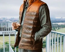 Brown Leather Vest Motorcycle Down Puffer Quilted Vest Distressed Two Tone Vest