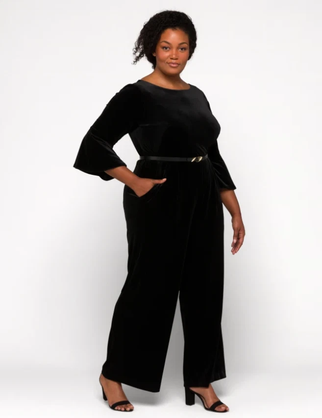 Calvin Klein Plus Size Velvet Bell-Sleeve Belted Wide-Leg Jumpsuit Black  18W