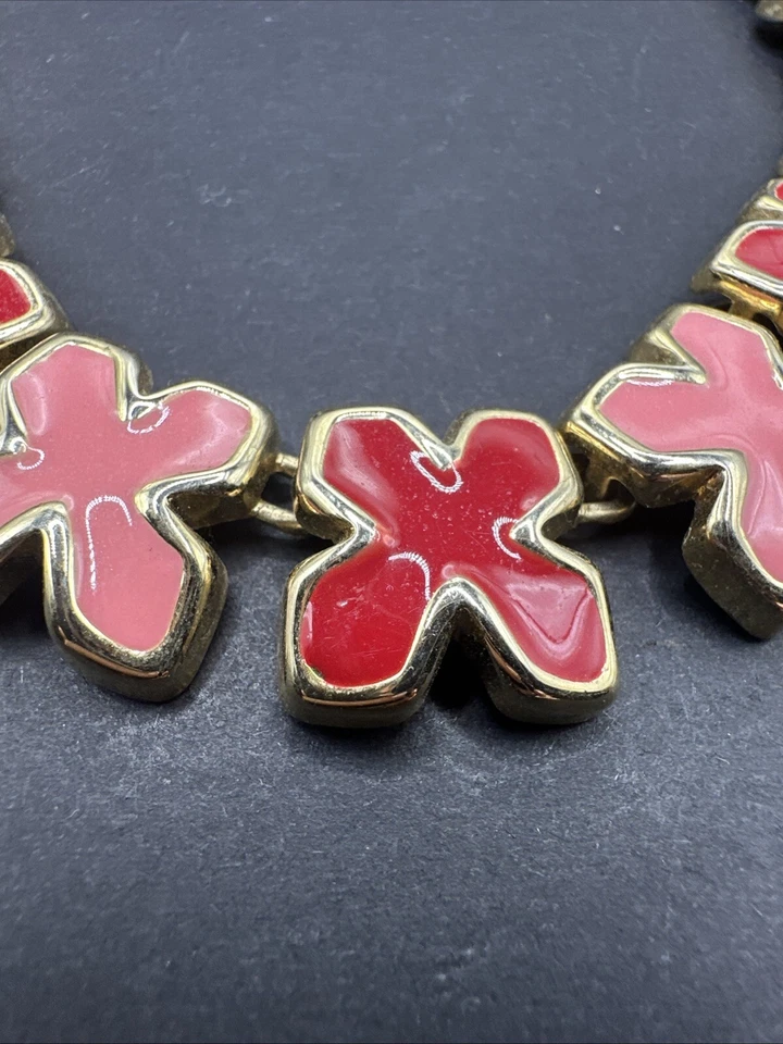 XXXX Deslumbrante Colar Vintage Moderno Rosa Vermelho Esmalte Bronze Flor - Imagem 4 de 4